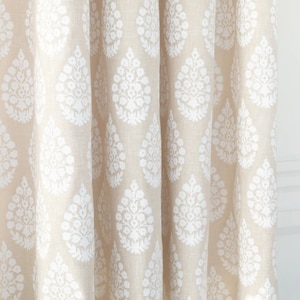 Pair of Curtain Panels Beautiful Block Print Fabric From Tonic Living, Lighter Weight Poly Cotton, Breezy Fresh,  Sandy Tan, Meera Linen
