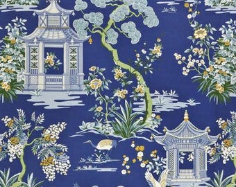Chinoiserie Curtains, Classic Asian Pagoda Print, Chinese Design, Pair Custom Drapery Panels, 24" Narrow ,50" Wide, Harmony Federal Blue