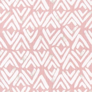 May include: Pink and white geometric pattern fabric. The design features white chevron shapes arranged in a repeating pattern on a pink background. The fabric has a textured appearance.
