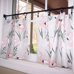 Flamingo Curtains, Cafe Curtains, Tier Curtains, Kitchen Curtains, Bathroom Curtains, Farmhouse, Grey and Blush, Choose Single or Pairs
