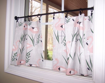 Flamingo Curtains, Cafe Curtains, Tier Curtains, Kitchen Curtains, Bathroom Curtains, Farmhouse, Grey and Blush, Choose Single or Pairs