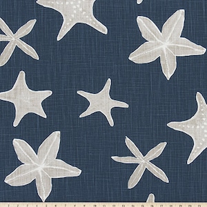 May include: A navy blue fabric with a white starfish pattern. The fabric has a textured linen look.