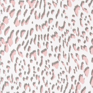 May include: White fabric with a pink and gray leopard print design. The pattern features irregular shapes in pink and gray, scattered across a white background. The fabric is measured in inches.