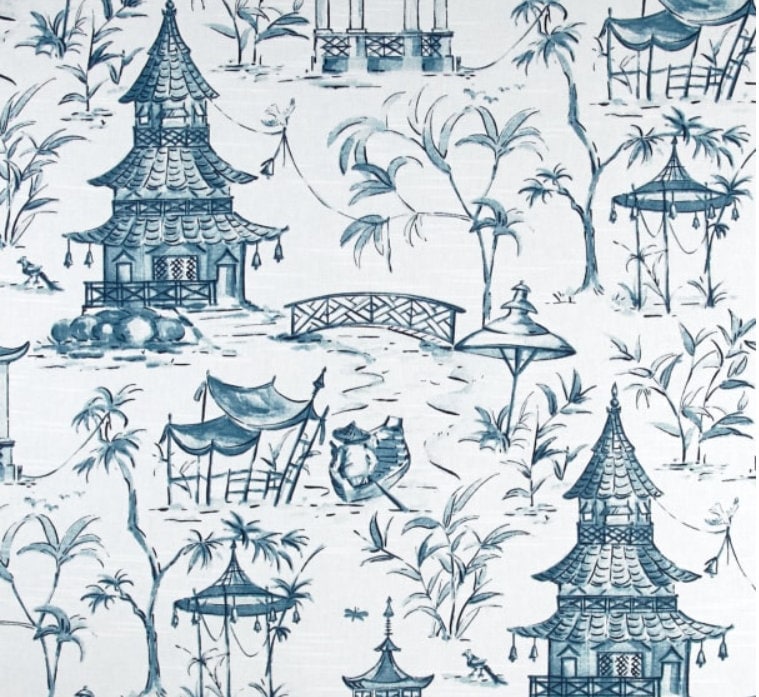 Custom Shower Curtain Chinoiserie Blue Pagoda Slub Linen  Stall Choose Size Buttonholes  72 x 72  Extra Wide or Narrow