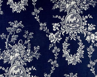 Blue Indigo Linen Curtains, Waverly Country House Toile Linen, Toile, Custom Curtains,Farmhouse, Pair Drapery Panels, 24" Wide,50" Wide