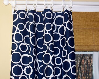 Blue Curtains,Window Treatments,Modern,Freehand Circles,Custom CURTAINS, Navy Blue White,Pair Drapery Panels, 50 x 63,50 x 84,50 x 96 x