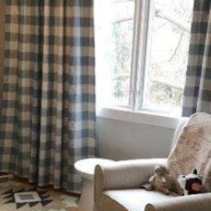 Blue and White CHECK CURTAINS,  Blue Check Curtains,Large Check Curtains, Buffalo Check, Two Panels,24&quot; Wide,50&quot; Wide, Valance