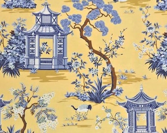 Chinoiserie Curtains, Classic Asian Pagoda Print, Chinese Design, Pair Custom Drapery Panels, 24" Narrow ,50" Wide, Harmony Lemon Yellow