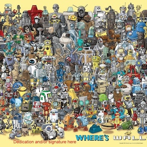 Puede incluir: Una ilustración colorida con un gran grupo de robots, con el texto "¿Dónde está WALL-E?" en la parte inferior. La imagen es un rompecabezas al estilo de "¿Dónde está Wally?", con el objetivo de encontrar al robot WALL-E escondido entre los demás robots.