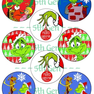 Pode incluir: Uma coleção de gráficos circulares com tema natalino apresentando o Grinch em várias cenas. Os gráficos incluem o Grinch, Max, o cachorro e Cindy Lou Who, com esquemas de cores vermelho, verde e branco. Alguns círculos têm o texto "Merry Christmas".