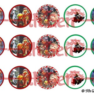 May include: A collection of circular images featuring scenes and characters from "The Muppet Christmas Carol." The images include the Muppets in winter settings, with red and green borders, and candy cane-striped borders.