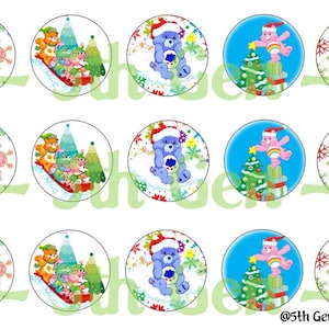 May include: A selection of circular Care Bear designs with a festive Christmas theme. Each design features a Care Bear wearing a Santa hat, with snowflakes, Christmas trees, and gifts. The designs are in various colours, including pink, blue, and orange.
