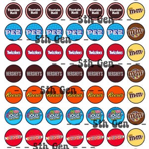 Może przedstawiać: Zestaw 48 okrągłych, jadalnych topperów do babeczek z wieloma popularnymi markami słodyczy, w tym Skittles, Tootsie Roll, Twizzlers, Hershey's, Reese's, Jolly Rancher, Smarties, Starburst i M&M's. Toppery są nadrukowane logotypami i kolorami marek.