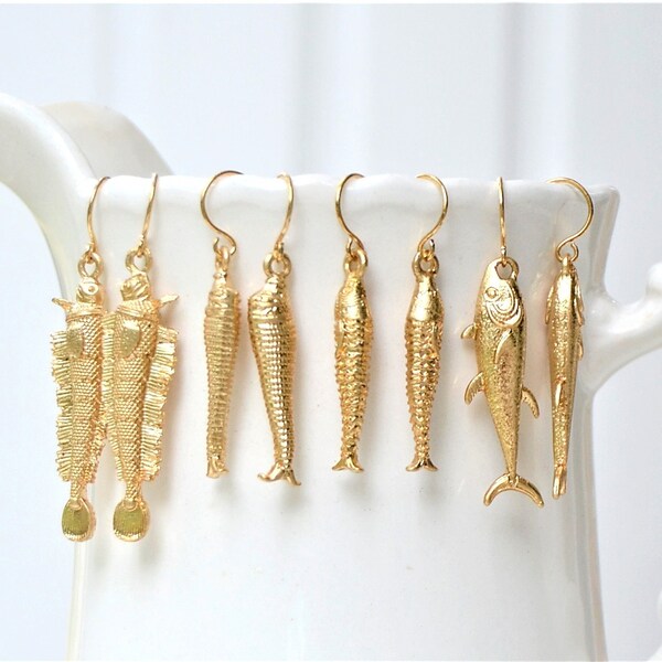 Fish Earrings Gold Fish Earrings Summer Earrings Fishing Earrings Beach Earrings Brass Fish Charms Gone Fishing Earrings Fish Jewelry