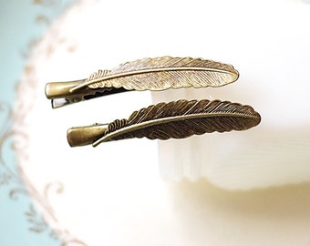 Feather Hair Clips, Antiqued Feather Barrettes, Feather Hair Decor "Birds Of A Feather" Feather bobby pins