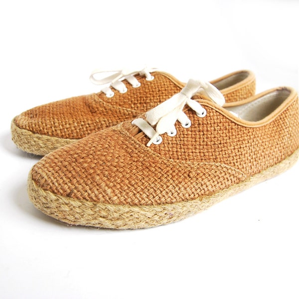 Vintage espadrille unisex sneakers, lace up beige jute summer slip on, natural espadrilles 8.5 39