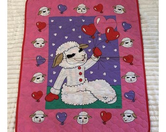 Vintage Lamb Chop Comforter Blanket 44x34 Shari Lewis Reversible Hearts 90s FLAW