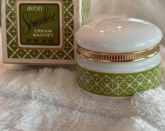 Vintage Avon Somewhere crème zakje glazen pot met doos groen gebruikt