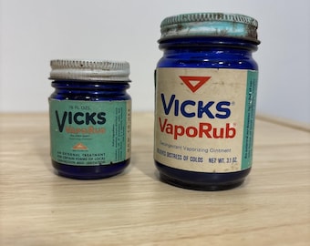 Vick's Vaporub Cobalt Blue Jars Set of 2 1970's Metal Lids 3.1 oz 1.5 oz AS-IS