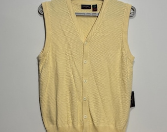 Vintage Saddlebred Sweater Vest 90s Yellow Button Front Waffle Knit Mens Large