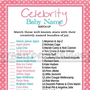 The Original Celebrity Baby Name Match Up Game - Baby Shower - PRINTABLE
