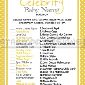 Celebrity Baby Name Match Up Game Baby Shower Printable Etsy