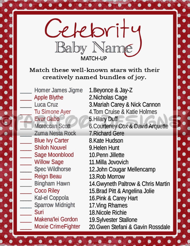 Celebrity Baby Name Match up Game Baby Shower PRINTABLE Etsy