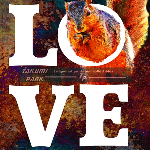 Love, Squirrel Art Print, Love Park, Squirrel Photo Bomb, Robert Indiana Inspired, Philadelphia Art Decor, Word Art, Love Animal Art Print