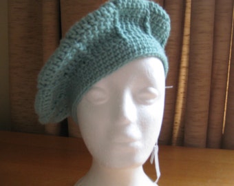 Hand Crocheted Pinwheel Pattern Beret Hat (item # SH0022) - Soft Sage - Adult Average