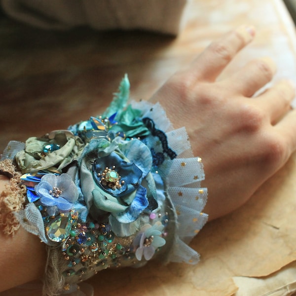 Teal and blue embroidered floral cuff bracelet