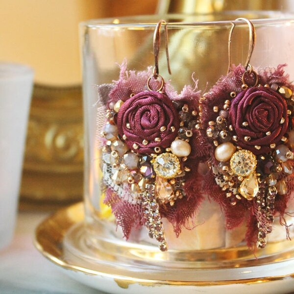 Shabby Fuchsia pink textile earrings, Romantic Rose chandelier earrings