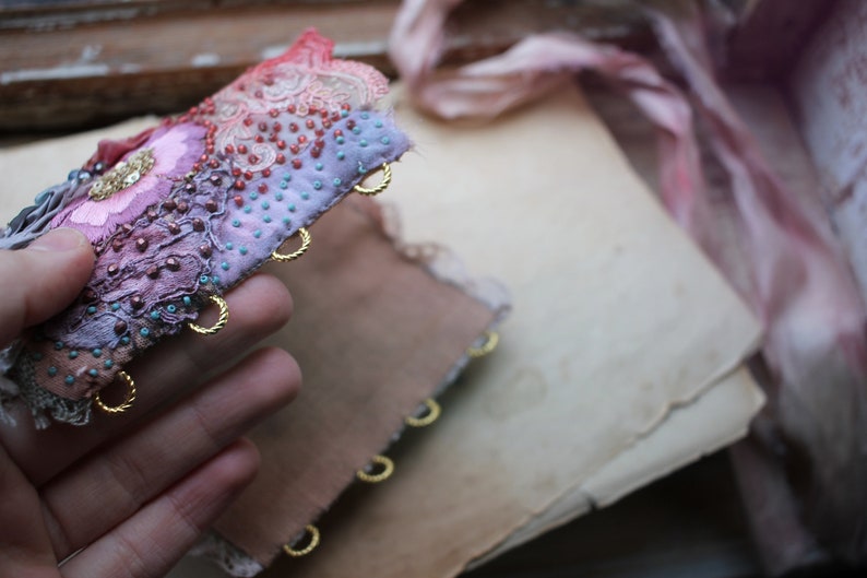 Wearable Textile art cuff bracelet Embroidered Victorian Lace cuff
