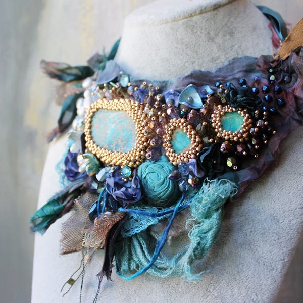 Turquoise fairy necklace Fiber art necklace Tattered fabric necklace Textile statement necklace