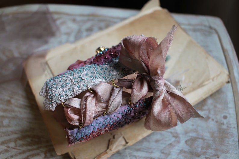 Wearable Textile art cuff bracelet Embroidered Victorian Lace cuff