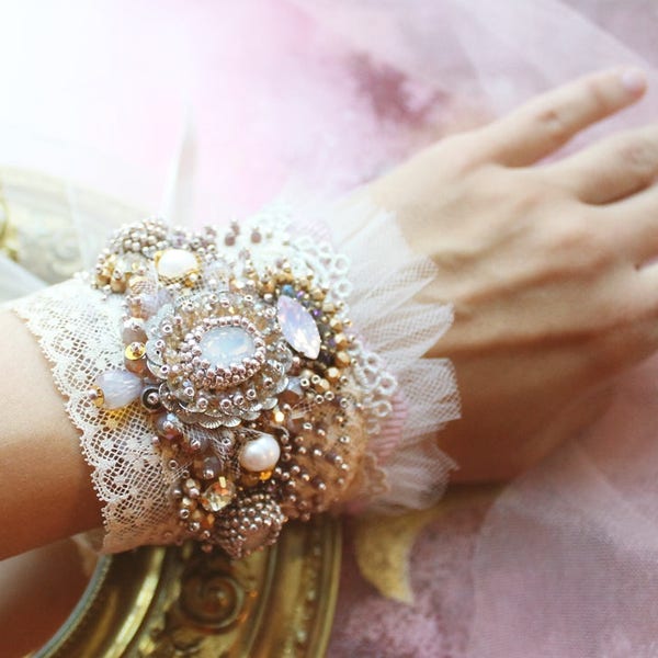 Delicate bead embroidered wrist corsage Lace cuff Vintage lace cuff Bridal lace cuff Vintage wedding cuff bracelet