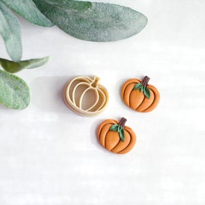 May include: An overhead shot features a pumpkin-shaped cookie cutter and two miniature pumpkins. The cookie cutter is beige, while the pumpkins are orange with green leaves and brown stems. The items are arranged on a white surface.