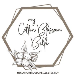 May include: A logo featuring the text "my Cotton Blossom Belle" in elegant script within a geometric frame. A detailed illustration of cotton blossoms and leaves is at the bottom. The website address is at the bottom.