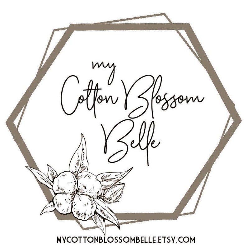 May include: A logo featuring the text "my Cotton Blossom Belle" in elegant script within a geometric frame. A detailed illustration of cotton blossoms and leaves is at the bottom. The website address is at the bottom.