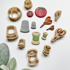 Seamstress Collections Clay Cutters - Pincushion Tomato - Scissors - Thimble - Thread Spool - Sewing Themed Earring Making Tools - Sharp