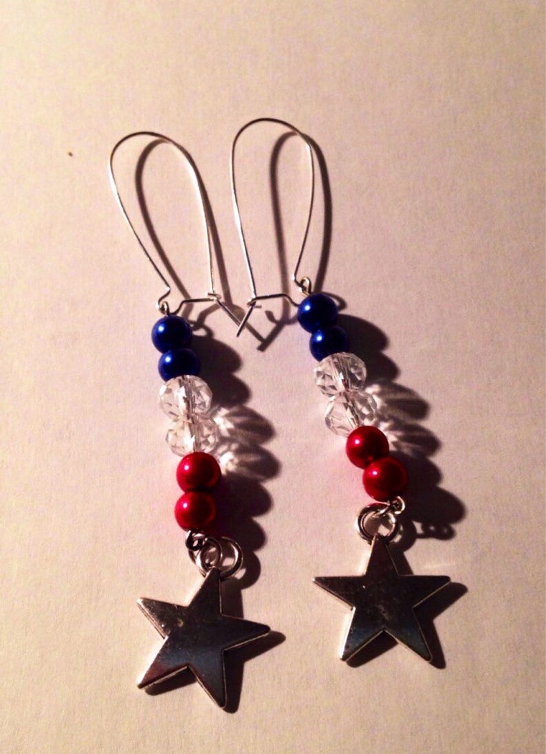 White Red Blue Beaded with Sterling Silver plated Star wmatching Earrings Memorial Day fourth of July Bracelet