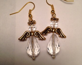 Guardian Angel Earring (white Crystal body - gold  wings and crystal head)