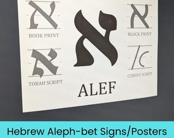 May include: A white rectangular poster featuring the Hebrew letter Alef in a large central black font. Surrounding the central character are four smaller grey variations labeled Book Print, Block Print, Torah Script, and Cursive Script.