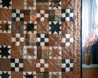 kakisibu dyed & Japanese vintage fabric Modern patchwork quilt