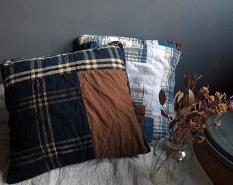 Kakishibu dyed & old Japanese fabrics patched cushion cover