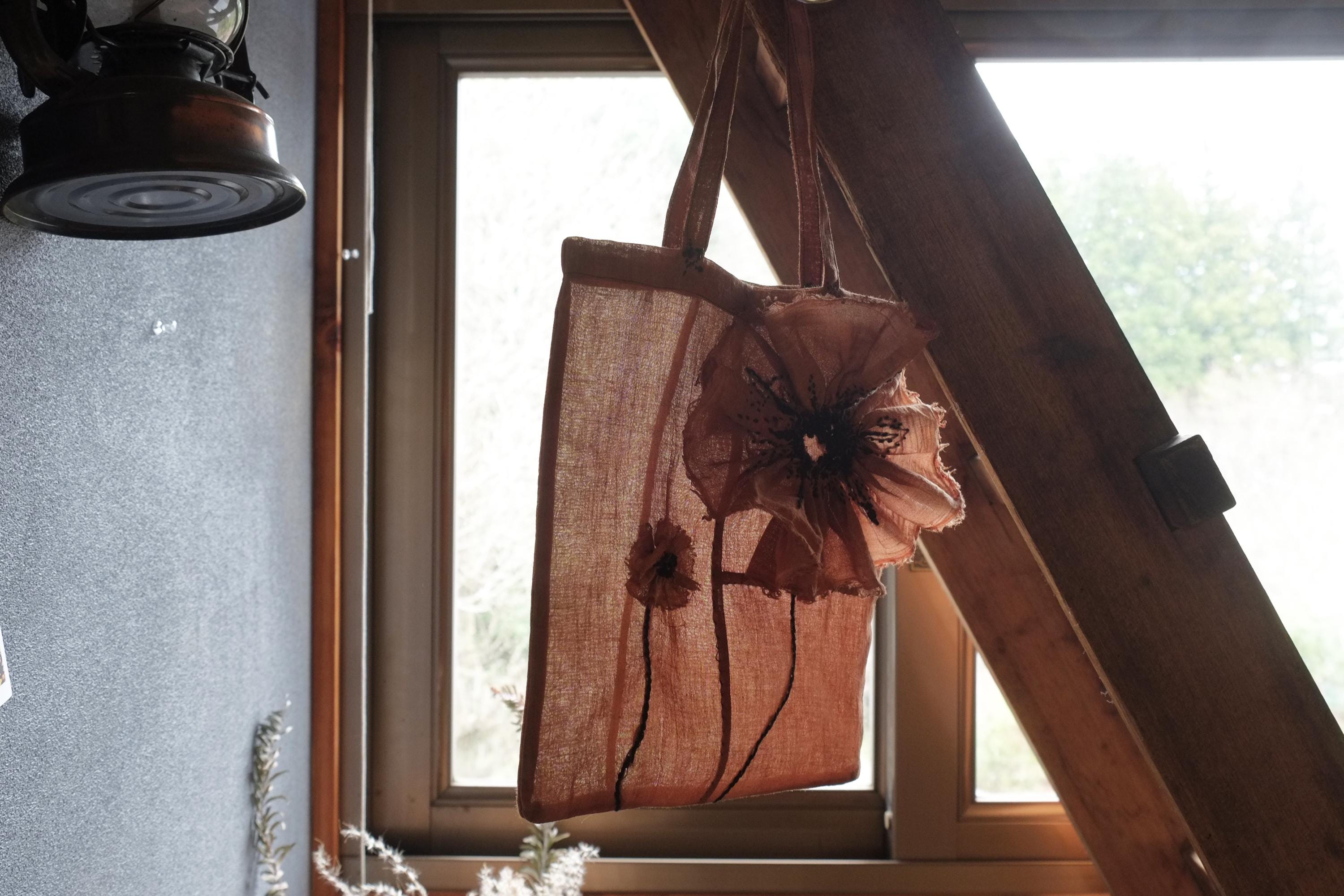 kakishibu dyed embroidery flower bag