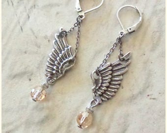 Icarus Earrings: cool golden shadow ~ Ancient Greece-inspired ~ Boho Goddess, Sky Guardian, Wings, Golden Crystal leverback earring design