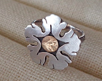 Flora Ring - Sterling Silver with Brass - mixed metal Art Nouveau hand-sawed bespoke flower ring - Historic Detroit Collection