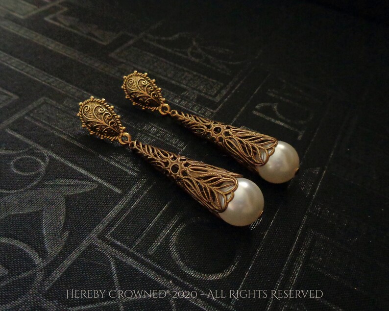 Makiyah Earrings Renaissance Bridal Medieval Queen Gold filigree and Pearl earring design