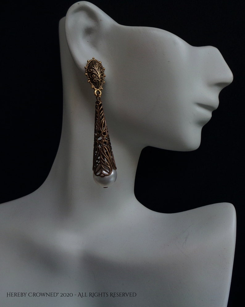 Makiyah Earrings Renaissance Bridal Medieval Queen Gold filigree and Pearl earring design