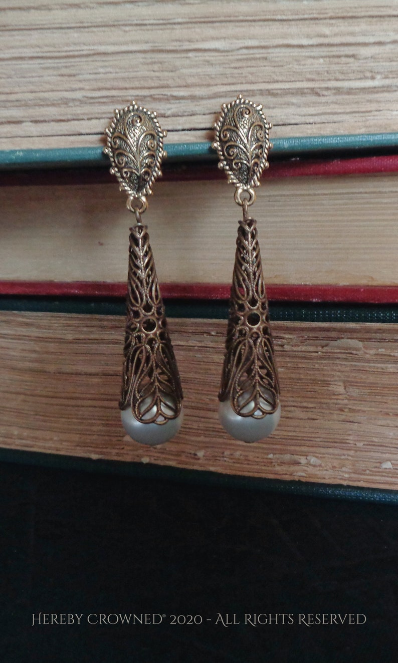 Makiyah Earrings Renaissance Bridal Medieval Queen Gold filigree and Pearl earring design